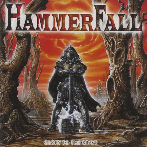 "Album cover art featuring a knight in armor standing amidst twisted trees."