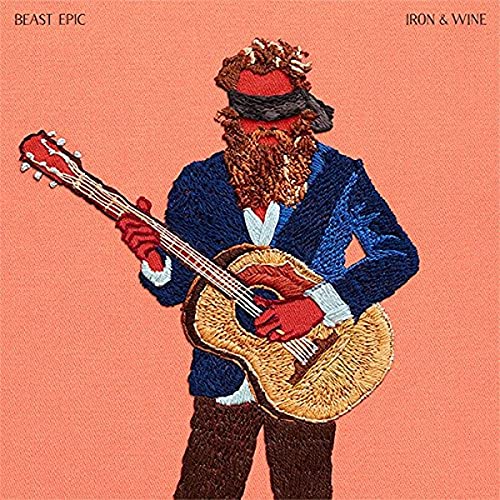 Embroidered art of a blindfolded bearded man playing an acoustic guitar on peach background.