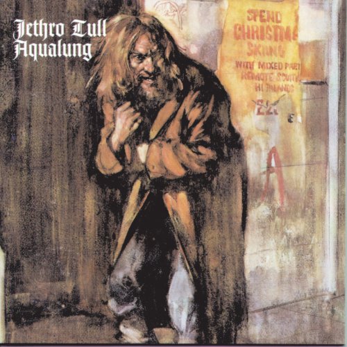 "Album cover art of 'Aqualung' by Jethro Tull featuring a homeless man in a doorway."