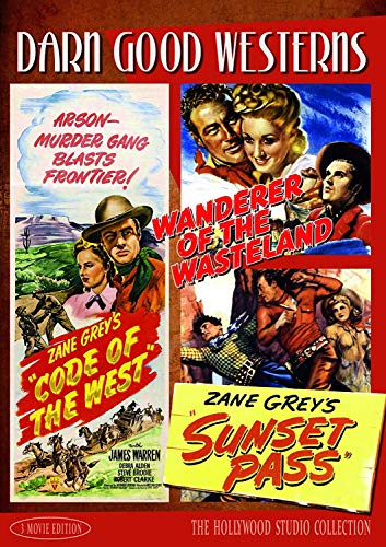 "DVD cover featuring three western movie posters with red background and white title text."