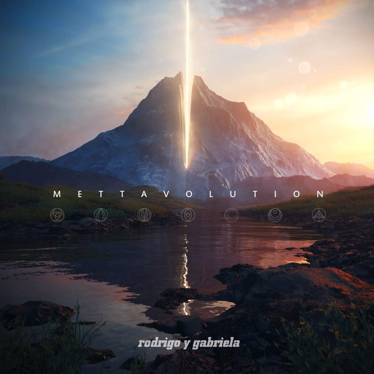 "Album cover with mountain and lake, struck by a beam of light."
