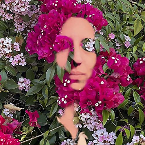Face obscured by vibrant pink and white bougainvillea flowers.