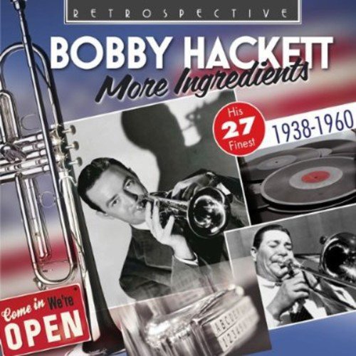 Bobby Hackett CD cover with trumpet images and red, white, and blue background.