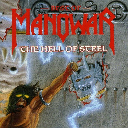 Manowar album cover: man breaking through metal door, demon, and red title text.