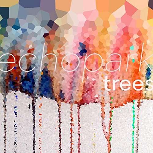 The image is a CD cover for "Echopark - Trees". The alt text is: "Multicolored mosaic pattern with 'echopark' and 'trees' text overlay."