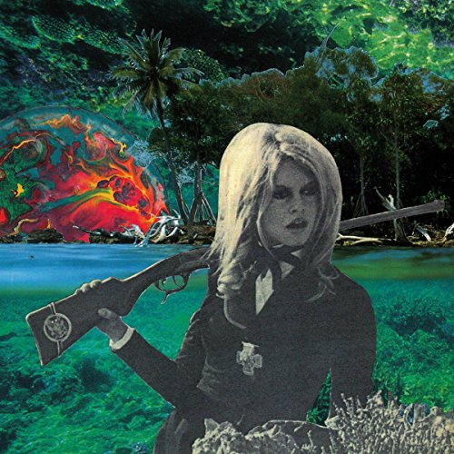 CD cover: woman with shotgun, surreal landscape, vibrant colors, abstract art.