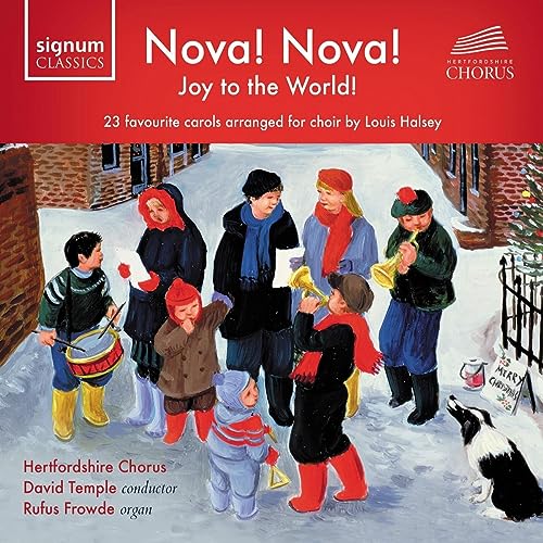 CD cover: winter scene with carolers, text “Nova! Nova! Joy To The World!”.