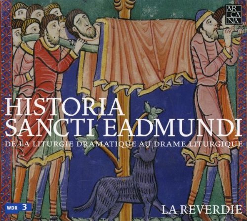 "Medieval-style CD cover art featuring men surrounding a draped pole and a wolf."