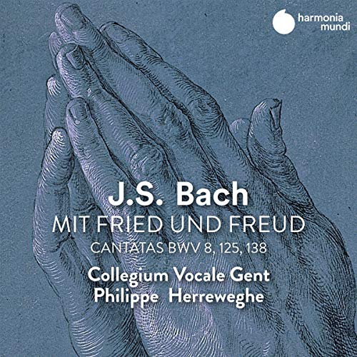 CD cover for J.S. Bach cantatas featuring praying hands illustration.