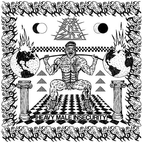 Black and white album art: muscular figure lifting globes, geometric shapes.