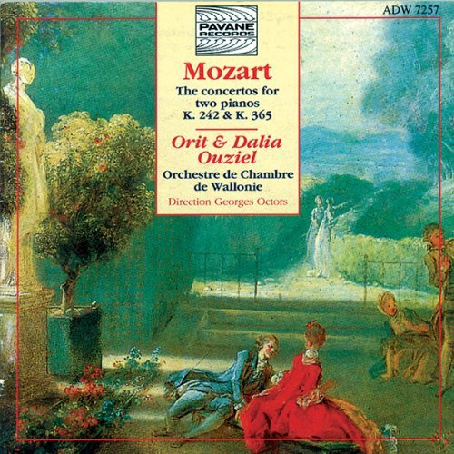 "CD cover with classical painting and text describing Mozart concertos for two pianos."