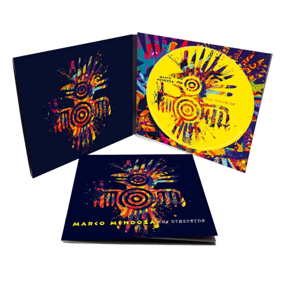 CD case for Marco Mendoza’s “New Direction” with abstract, colorful artwork.