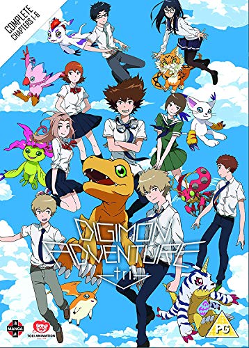 Digimon Adventure Tri DVD cover featuring cartoon characters and creatures against a blue sky.