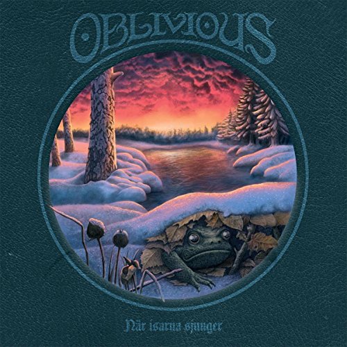 "Album cover with a frog in a snowy landscape, dark green background."