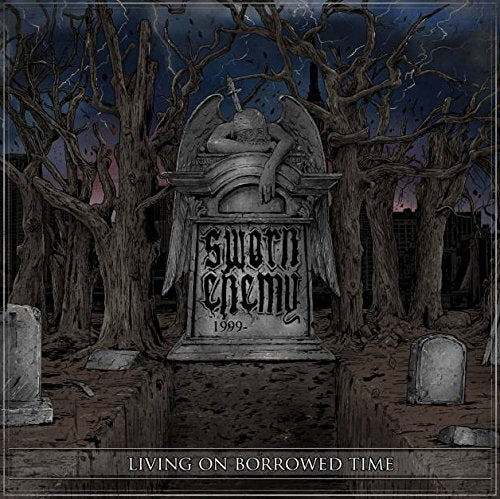 "Album cover art featuring a graveyard scene with a tombstone reading 'Sworn Enemy 1999'."