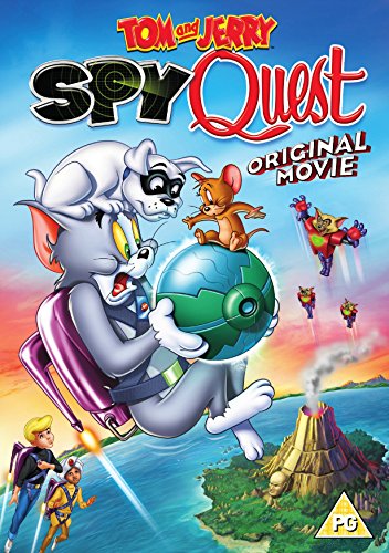 Tom and Jerry with Spike and Jonny Quest flying over a volcanic island.
