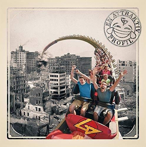 Vinyl album cover: people on a rollercoaster over a ruined cityscape.