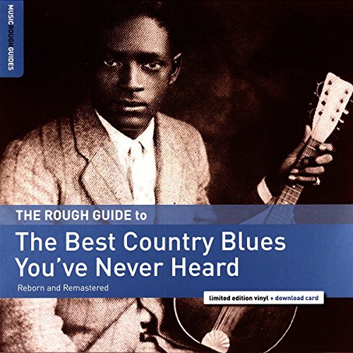 A vinyl record cover featuring a man holding a guitar, with blue text overlay.