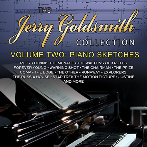 "CD cover featuring a piano with sheet music and 'Jerry Goldsmith Collection' text."
