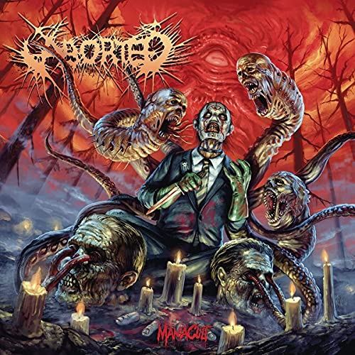 Horrific album cover with a suited figure and monstrous, screaming creatures.
