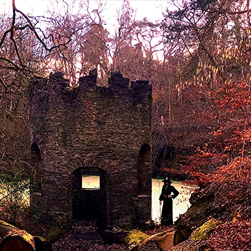 Stone ruin with a figure standing near trees in autumn light.