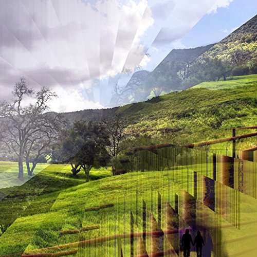 "CD case cover with a layered, surreal landscape and silhouetted figures walking."