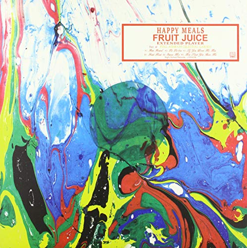 Vinyl record cover for “Happy Meals - Fruit Juice” with abstract paint.