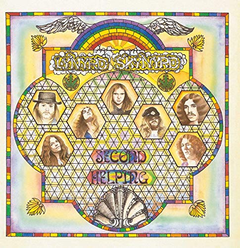 Lynyrd Skynyrd Second Helping album cover featuring band member portraits in a geometric design.