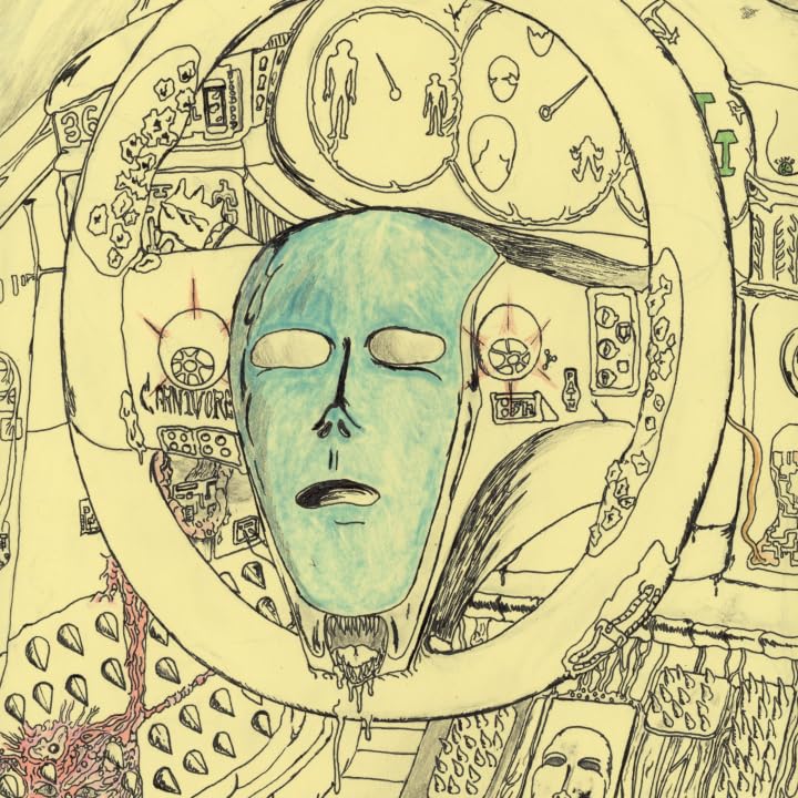 Hand-drawn album cover with a blue-faced figure surrounded by detailed illustrations.