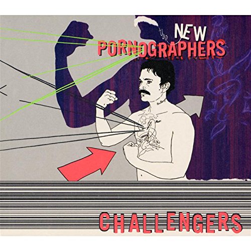 Challengers" CD cover by The New Pornographers, featuring illustrated figures and arrows.