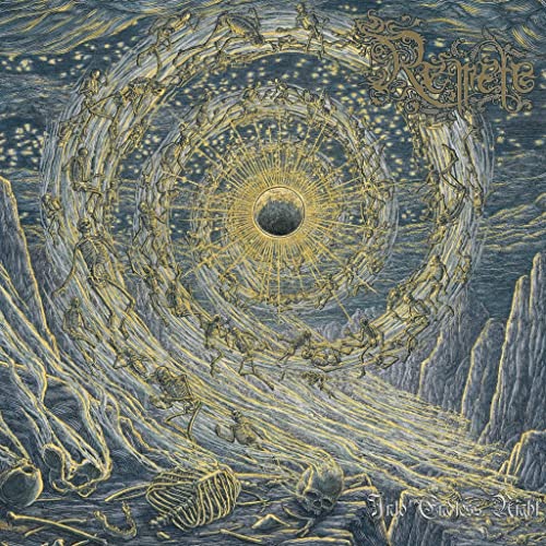 Dark album cover with swirling figures around a bright, central eye.