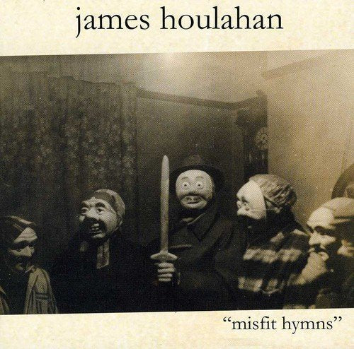 "Album cover with a sepia-toned image of people wearing masks, one holding a sword."