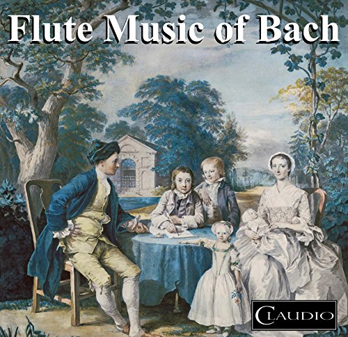A classical CD cover featuring a serene family scene with the title "Flute Music of Bach".