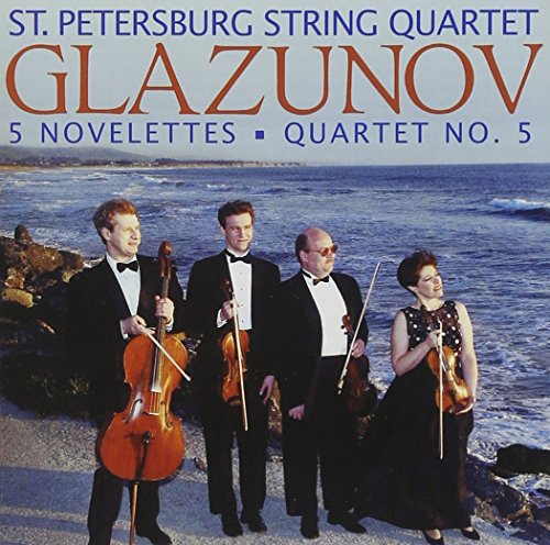 "CD cover with St. Petersburg String Quartet standing on a rocky beach."