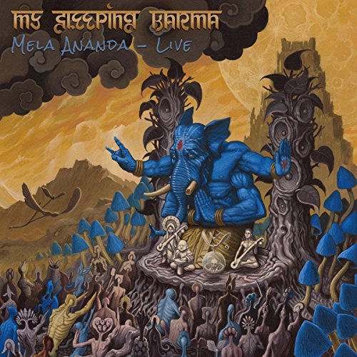 "Album cover featuring a blue elephant-like figure surrounded by fantastical creatures and mushrooms."