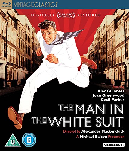Blu-ray cover for āThe Man in the White Suitā featuring Alec Guinness.