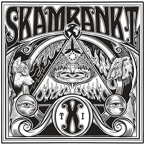 Skambankt album cover: ornate black and white design with animals and eyes.