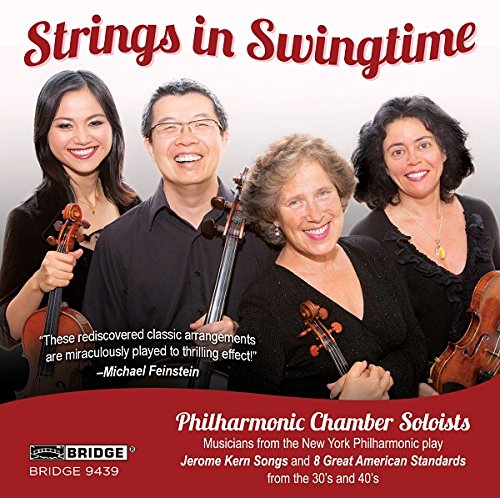 "CD cover featuring four musicians holding violins, smiling, with red and white background."