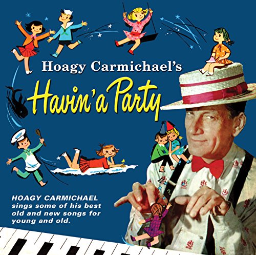 "CD cover featuring Hoagy Carmichael surrounded by cartoon children, with piano keys at the bottom."