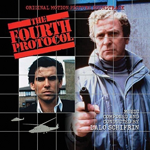 "CD cover for 'The Fourth Protocol' soundtrack with two men and grid overlay."