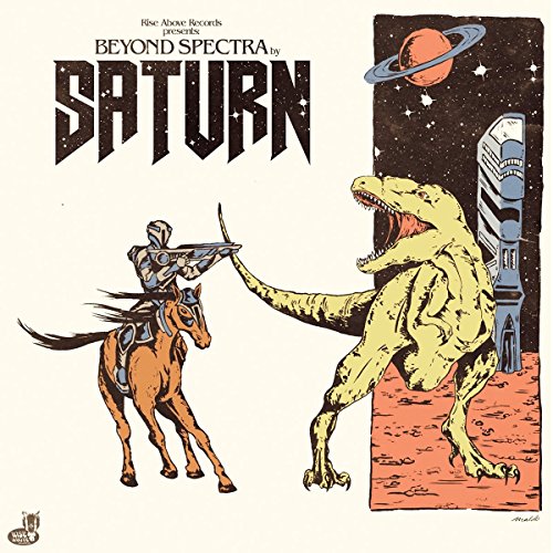 CD cover: Saturn, dinosaur, knight, and planet illustration in retro style.