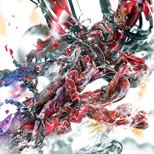 Abstract digital art with red, blue, and white swirling textures.
