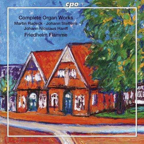 The image is an album cover featuring a painting of a red house. The alt text is: "Album cover with painting of red house and trees."