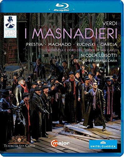 Blue-ray case with image of men in dark, 18th-century attire on a stage.