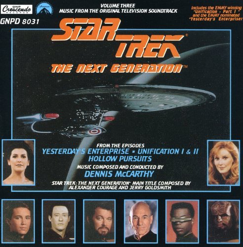 "Star Trek: The Next Generation soundtrack CD cover featuring the USS Enterprise and main cast."