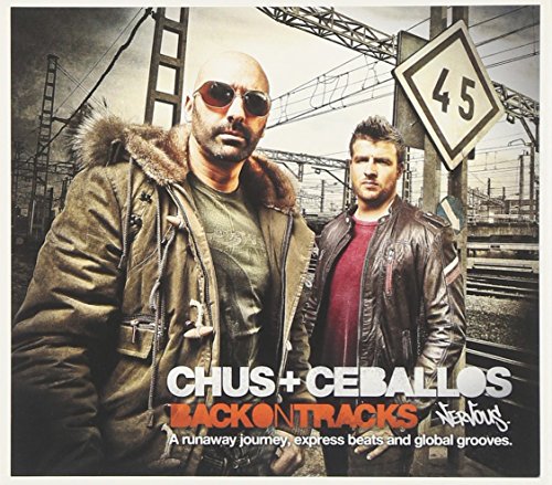 "Album cover with two men standing in front of train tracks and a bridge."