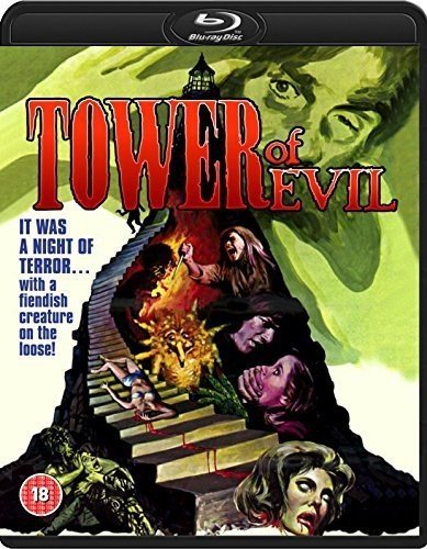 Tower of Evil" Blu-ray cover featuring a spooky castle and distressed people.