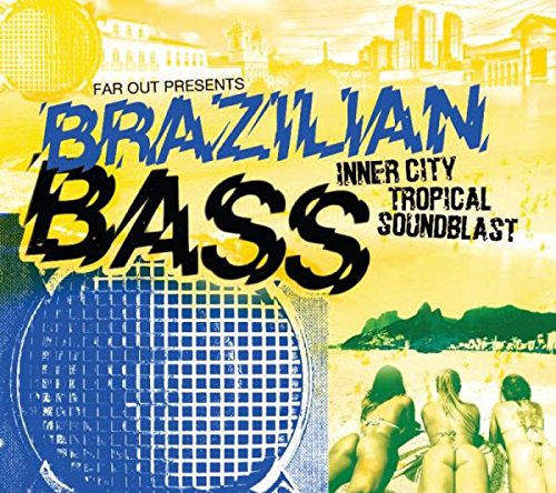 "CD cover art with 'Brazilian Bass' text, speaker, and women on a beach."