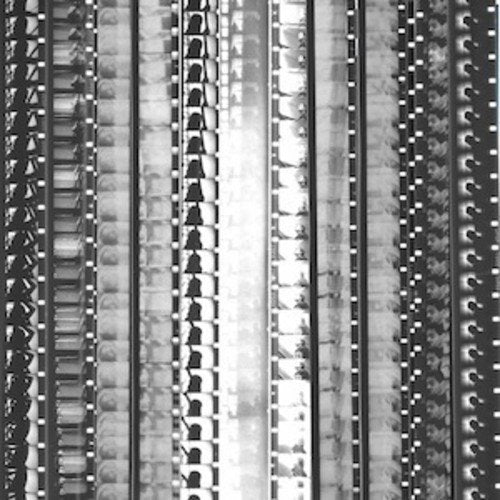 Black and white film strips with repeating figures, vertical composition.