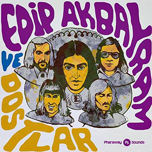 A cartoon album cover featuring five men, with colorful text on a gray background.